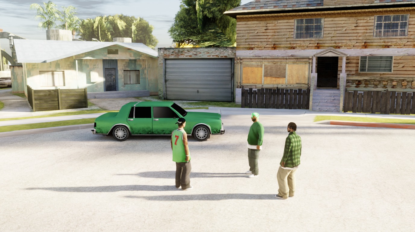 Рендер игровой сцены в Лос-Сантосе: участники Grove Street на улице